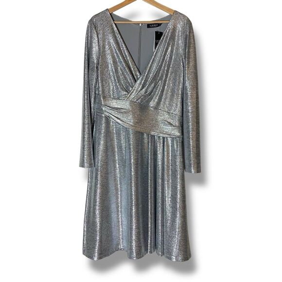 NWT Ralph Lauren Sz 14 Long Sleeve Cocktail Dress Metallic Silver Gray Faux Wrap - Picture 2 of 10